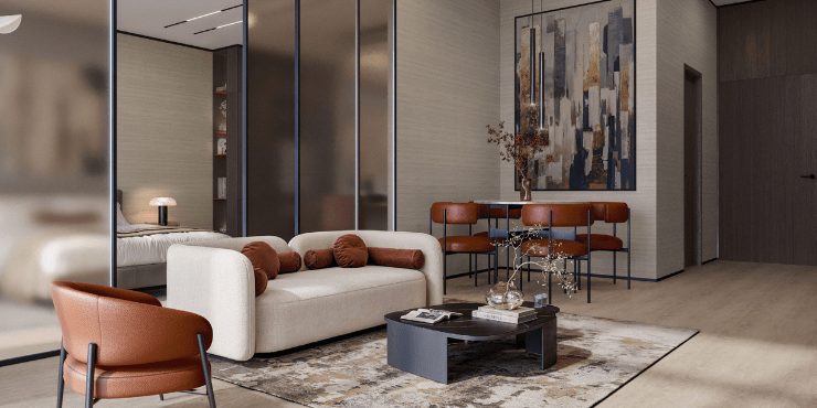 Spacious living room with modern furnishings in a fully furnished apartment at Uno Luxe.