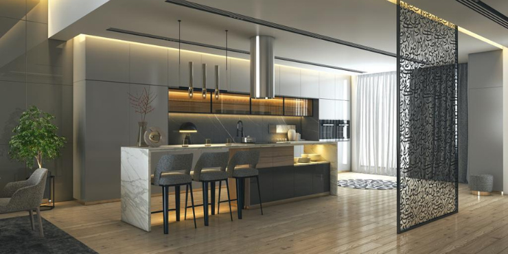 Modern kitchen with premium finishes in Royal Park South Villas, Dubai.