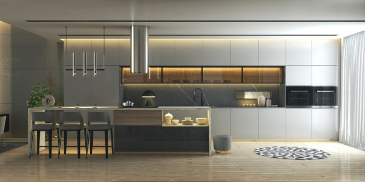 Modern kitchen with premium finishes in Royal Park South Villas, Dubai.