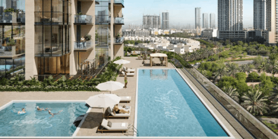 Swimming pool and outdoor amenities at Sapphire 32 Residence in JVC.