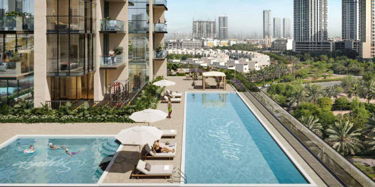 Swimming pool and outdoor amenities at Sapphire 32 Residence in JVC.