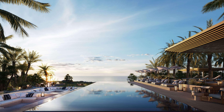 Infinity pool at Solaya at La Mer, offering panoramic views of the Arabian Gulf.