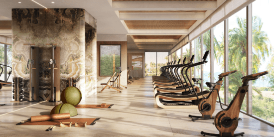 State-of-the-art fitness center at Solaya at La Mer, equipped with modern gym equipment.