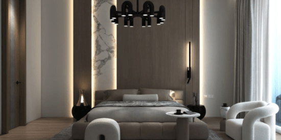 Stylish bedroom interior in a luxury apartment at Haven Gardens, Dubai.