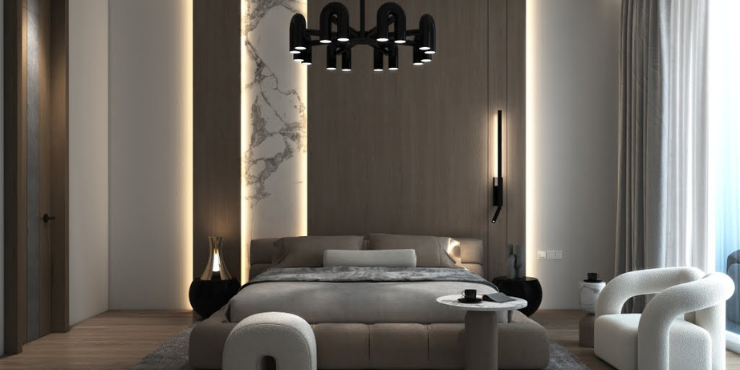 Stylish bedroom interior in a luxury apartment at Haven Gardens, Dubai.