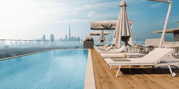 Luxurious swimming pool at The Roof Residence, Nad Al Sheba 1.