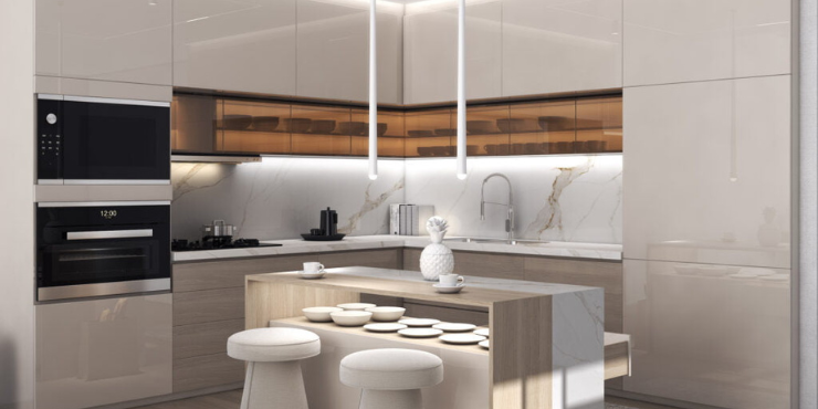 Modern kitchen with high-end finishes in an apartment at The VYBE, Dubai.