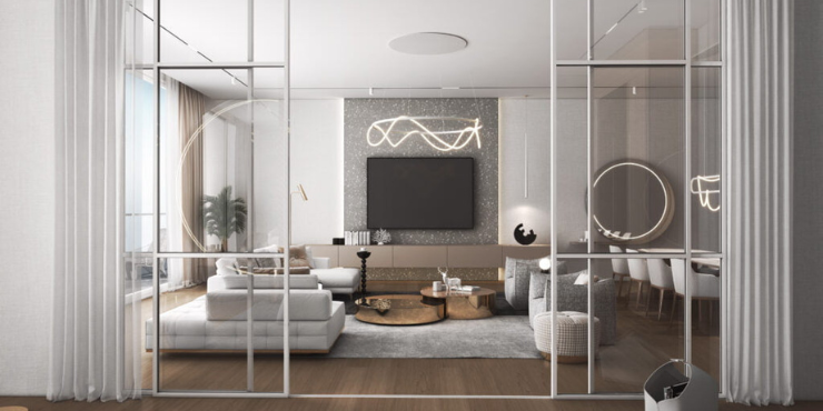 Spacious living room with modern furnishings at The VYBE, Jumeirah Village Circle