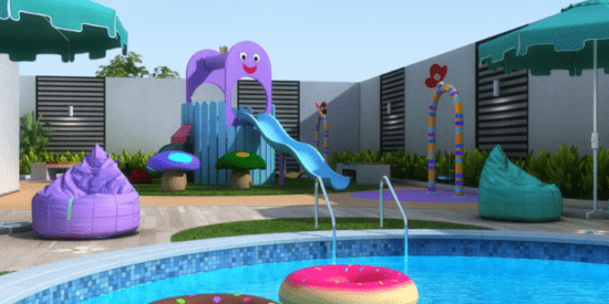 Swimming pool with city views at The VYBE, Jumeirah Village Circle, Dubai.