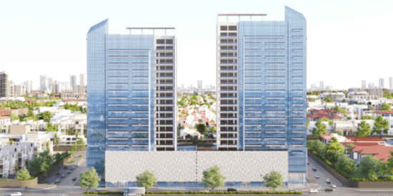 Exterior view of The Vyne Residences, a luxury residential building in Jumeirah Village Triangle, Dubai.