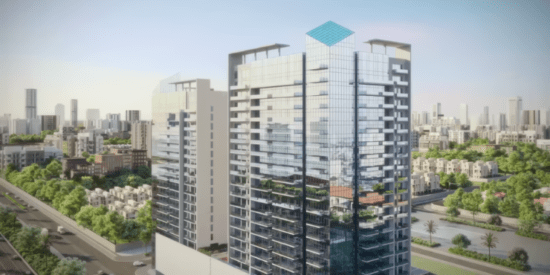 Balcony view from a luxury apartment at The Vyne Residences, offering stunning city views.