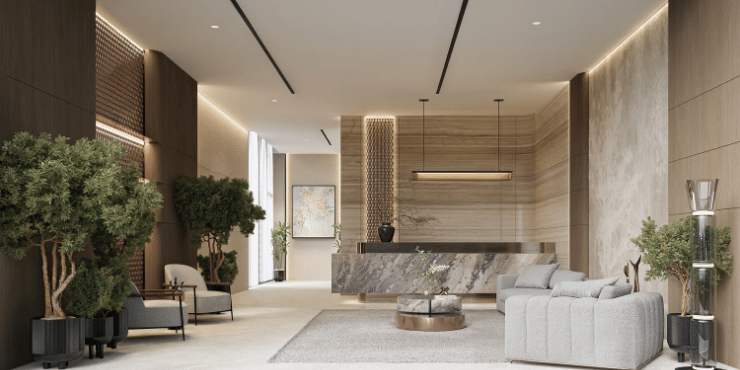 Trillium Heights elegant entrance lobby with reception