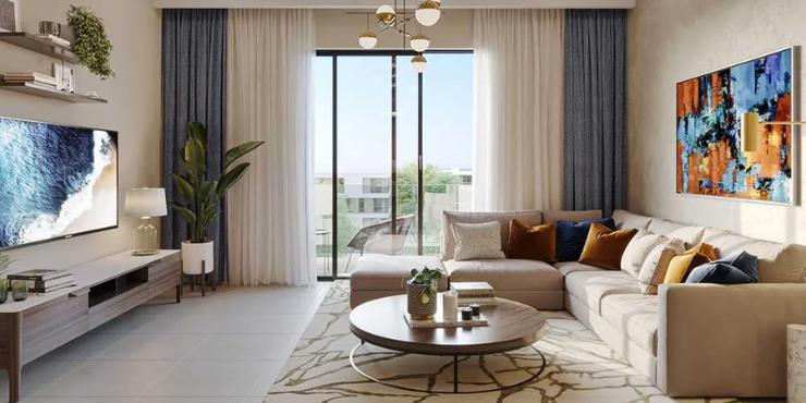 Stylish living room in a Zazen Gardens apartment, designed for comfort.