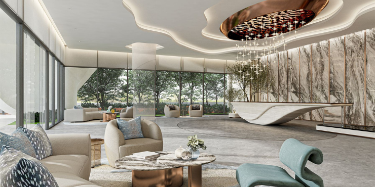 Elegant reception area at 15 Cascade, Dubai Motor City with modern design.