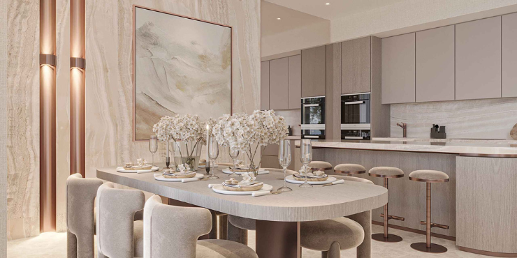 Modern living room in a luxury apartment at 15 Cascade, Dubai Motor City.
