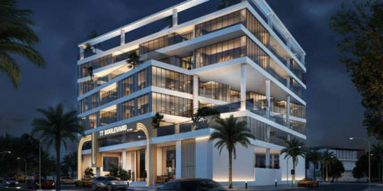 Luxury apartment exterior of 77 Boulevard at JVC, Dubai.