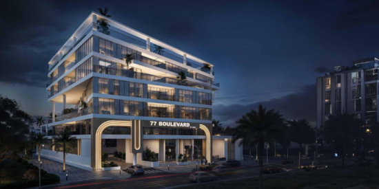 Luxury apartment exterior of 77 Boulevard at JVC, Dubai.