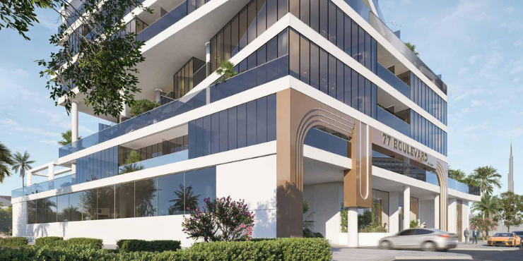 Luxury apartment exterior of 77 Boulevard at JVC, Dubai.