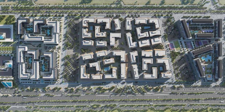 Serene water features in the landscaped gardens at Al Mamsha Hamsa, Sharjah