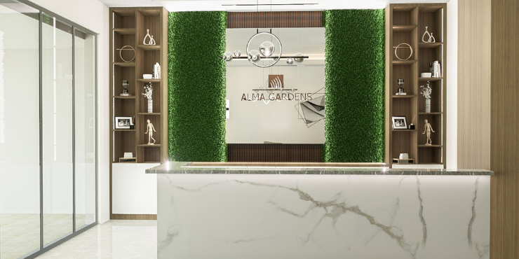 Alma Gardens elegant lobby entrance with contemporary design and luxurious finishes.