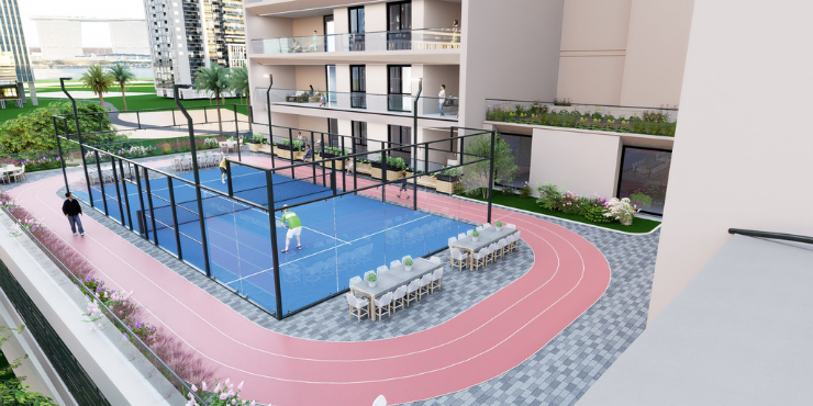 Alma Gardens fitness center with state-of-the-art equipment in Liwan, Dubai.