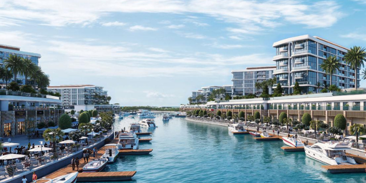 Swimmable lagoons and infinity pool at Bayside Marina Residences on Siniya Island.