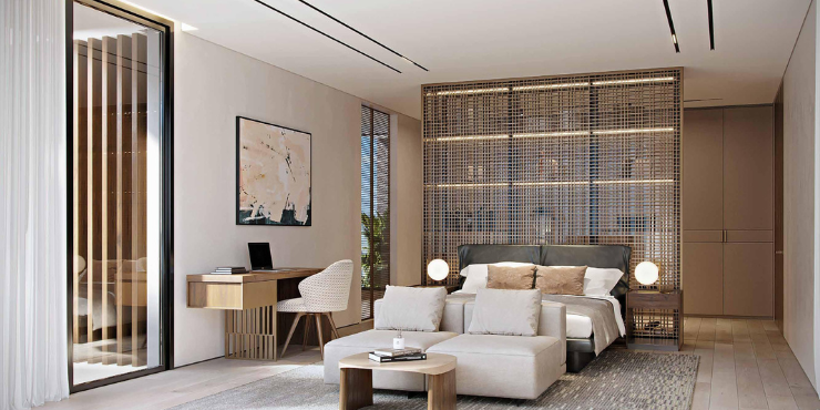 Spacious living room in a luxury villa at Mews Mansions, Dubai.