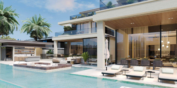 Tranquil outdoor spaces at Mews Mansions villas in Dubai.