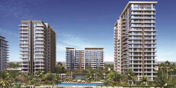 Exterior view of Naya 2 Apartments in District One, showcasing the luxury and design of the building.