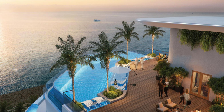 Stunning sunset views from the rooftop infinity pool at Pelagia, Al Marjan Island.