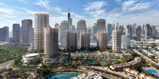 Luxury apartments in Serenia District West with stunning views of Dubai skyline.