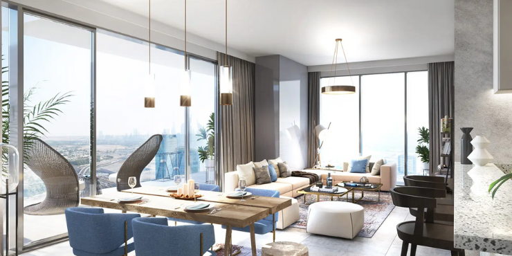 Spacious living room in a 2-bedroom apartment at Sola Residence, Wasl Gate, Dubai.