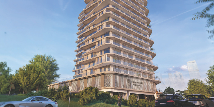 The Boulevard by Prestige One luxury apartment exterior view in Dubai Land Residence Complex.