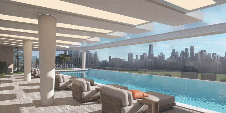 Infinity pool at The Boulevard, offering stunning views in Dubai Land.