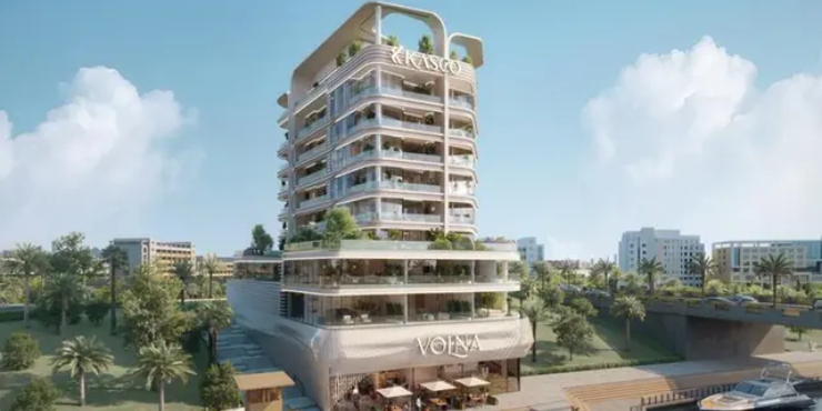 Modern luxury apartment building in Al Jaddaf, Dubai with stunning exterior design