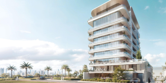 Modern luxury apartment building in Al Jaddaf, Dubai with stunning exterior design