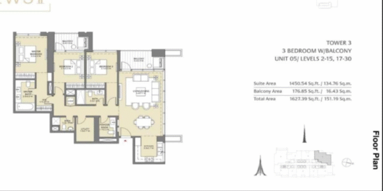 3-Bedroom Apartment in Downtown Views II – Tower 3